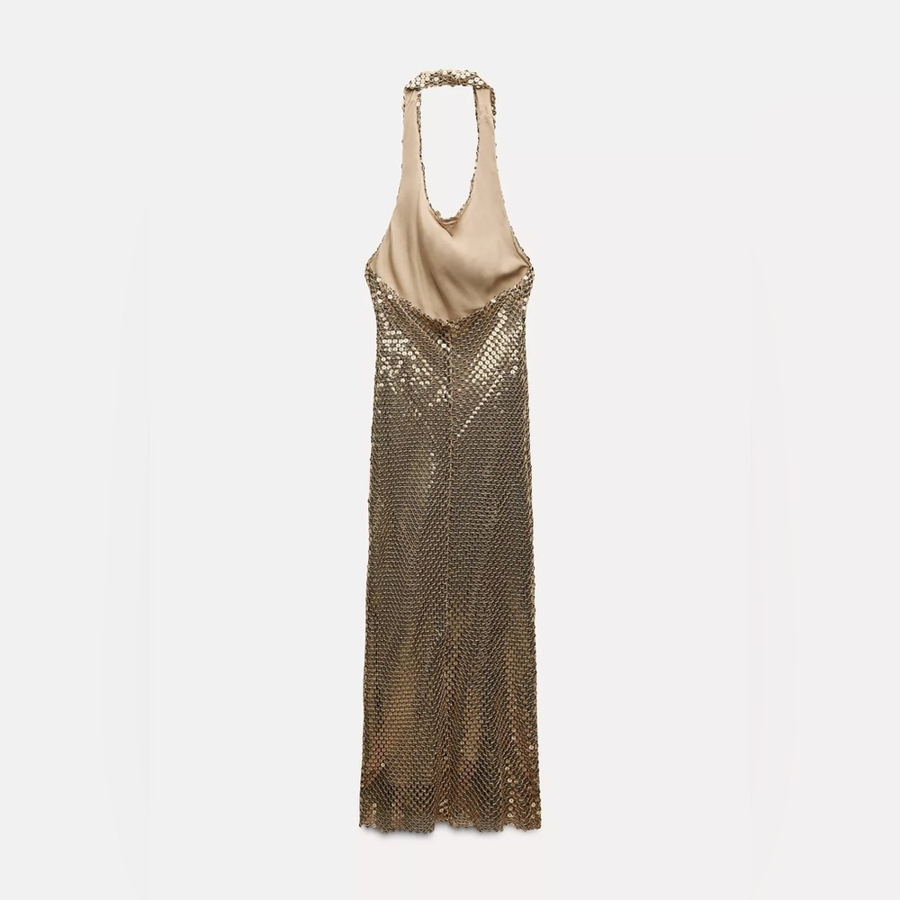 Zara Elegant Gold Sequin Gown halter plunge neck maxi bodycon evening dress - Picture 6 of 10